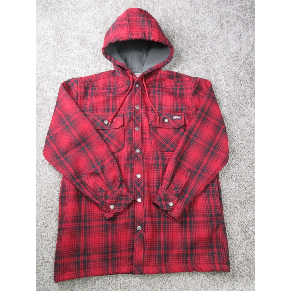 Genuine Dickies Mens Medium Red Black Plaid Fleece Lined Hooded Flannel Jacket